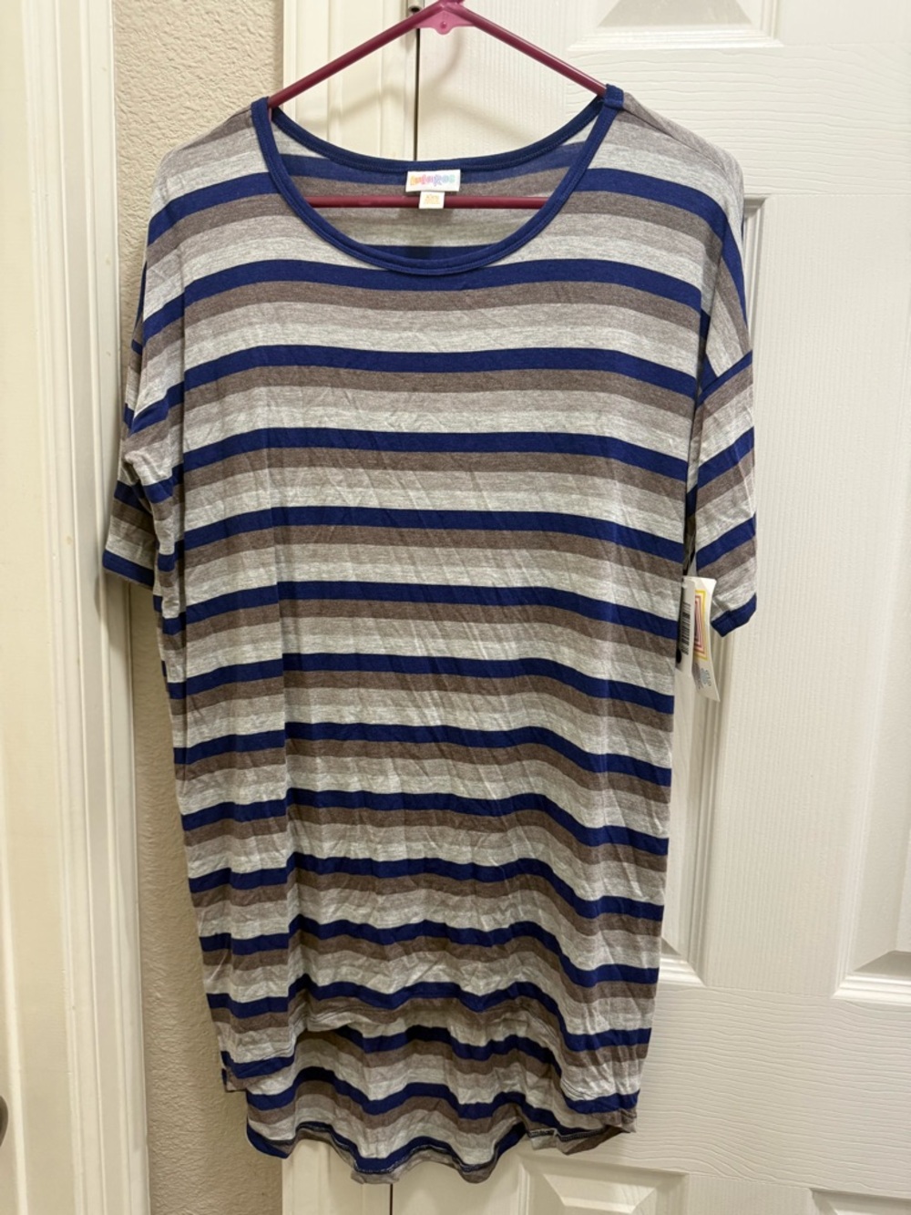 LuLaRoe Striped Irma Tunic in Blue, Gray, Brown